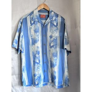 TOMMY BAHAMA 100% Silk Hawaiian Short Sleeve Camp Shirt Blue Floral Leaves Med